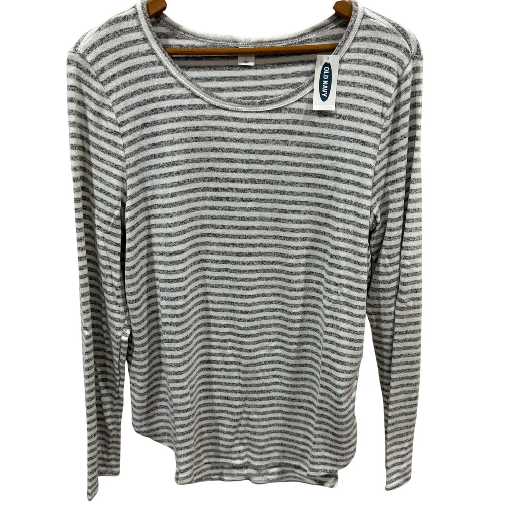 Old Navy‎ Womens Grey White Striped Long Sleeve Scoop Neck Knit Top Large NWT